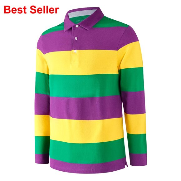 Long Sleeve Striped Polo Shirt Dry Fit Cotton Blend Spandex
